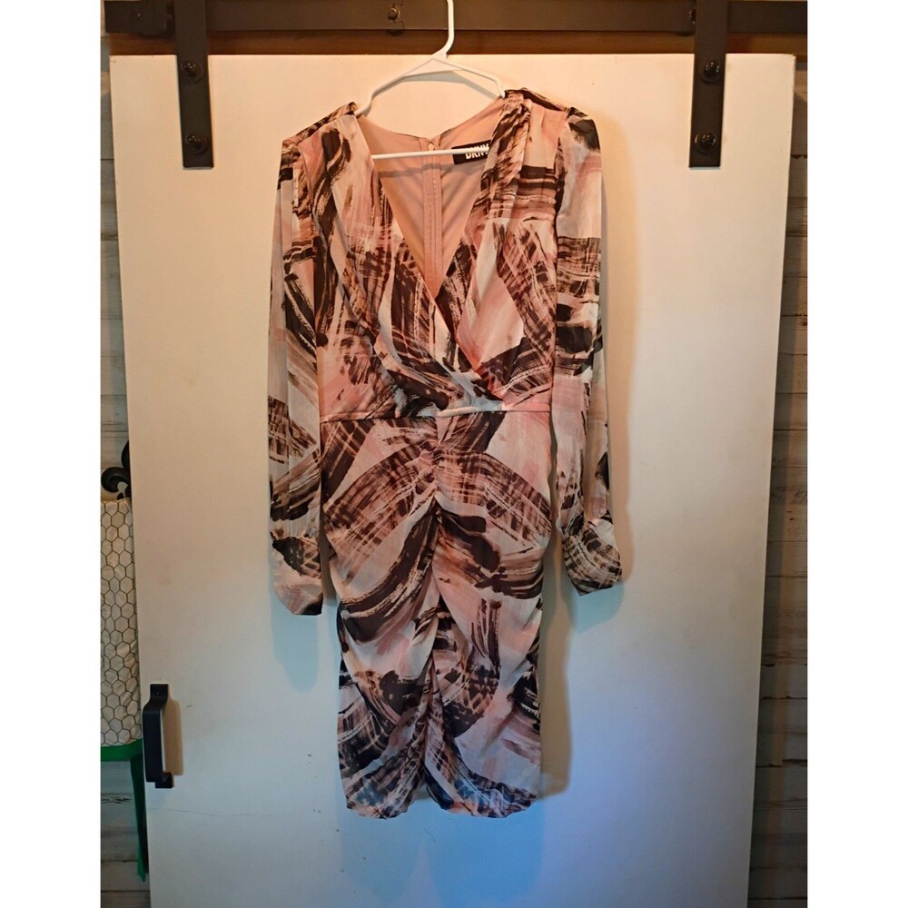 DKNY Pink Abstract Print V-Neck Long Sleeve Knee-Length Sheath Dress Size Med 10